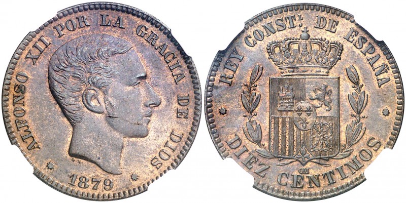 1879. Alfonso XII. Barcelona. OM. 10 céntimos. (AC. 10). Bella. Brillo original....