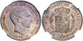 1879. Alfonso XII. Barcelona. OM. 10 céntimos. (AC. 10). Bella. Brillo original. En cápsula de la NGC como MS65 BN, nº 2639000-006. Rara así. S/C.