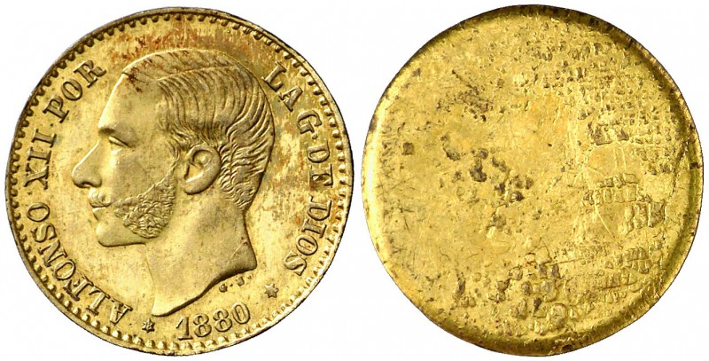 1880*8-. Alfonso XII. 50 céntimos. 0,71 g. Prueba de anverso en cobre dorado. La...