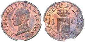 1913*3. Alfonso XIII. PCV. 1 céntimo. (AC. 5). Bella. Precioso color. En cápsula de la NGC como MS64 RB, nº 2718434-003. S/C.