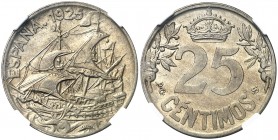 1925. Alfonso XIII. PCS. 25 céntimos. (AC. 24). Bella. Brillo original. Encapsulada. Escasa así. S/C.