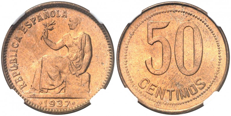 1937*-4. II República. 50 céntimos. (AC. 29). Orla de puntos redondos en reverso...