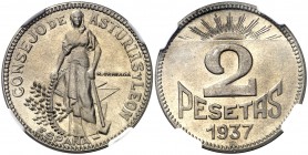 1937. Asturias y León. 2 pesetas. (AC. 10). Bella. Brillo original. En cápsula de la NGC como MS65, nº 2607963-018. S/C.