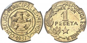 1937. Menorca (Baleares). 1 peseta. (AC. 23). Encapsulada. S/C.