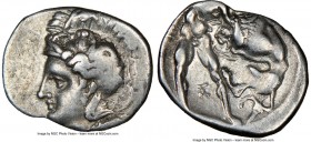CALABRIA. Tarentum. Ca. 380-280 BC. AR diobol (mm, 4h). NGC VF. Ca. 325-280 BC. Head of Athena left, wearing crested Attic helmet decorated with figur...