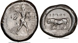 LUCANIA. Poseidonia. Ca. 470-420 BC. AR stater (20mm, 3h). NGC Choice VF, brushed. ΠΟΣEΣ, Poseidon striding right, nude but for chlamys spread across ...