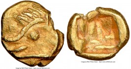 IONIA. Uncertain mint. Ca. 600-550 BC. EL 1/48 stater (6mm, 0.36 gm). NGC Choice AU 5/5 - 4/5. Archaic boar head left / Incuse punch with irregular ge...