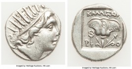CARIAN ISLANDS. Rhodes. Ca. 88-84 BC. AR drachm (15mm, 2.96 gm, 12h). XF, scratches. Plinthophoric standard, Callixei(nos), magistrate. Radiate head o...