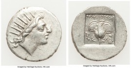 CARIAN ISLANDS. Rhodes. Ca. 88-84 BC. AR drachm (15mm, 2.08 gm, 12h). Choice VF. Plinthophoric standard, Thrasymedes, magistrate. Radiate head of Heli...