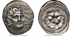 CARIAN ISLANDS. Rhodes. Ca. 84-30 BC. AR drachm (19mm, 4.09 gm, 1h). NGC AU 4/5 - 3/5, scuffs. Radiate head of Helios facing, turned slightly right, h...