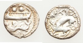 PHOENICIA. Byblus. Addirmilk (ca. 375-351 BC). AR 1/16 shekel (10mm, 0.79 gm, 5h). Fine. War galley left, prow decorated with lion head, transporting ...