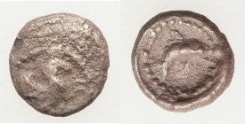PHOENICIA. Tyre. Ca. 425-333 BC. AR 1/48 shekel (7mm, 0.24 gm, 6h). Fine. Winged hippocamp leaping right / Dolphin leaping right. Cf. HGC 10, 338 (1/2...
