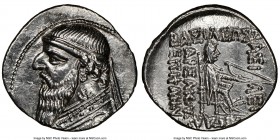 PARTHIAN KINGDOM. Mithradates II (ca. 121-91 BC). AR drachm (21mm, 12h). NGC Choice AU. Rhagae mint, ca. 96/5-93/2 BC. Bust left, wearing tiara with e...