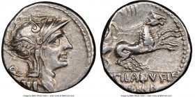 D. Silanus L.f. (ca. 91 BC). AR denarius (17mm, 9h). NGC XF. Rome. Head of Roma right, wearing winged helmet decorated with griffin crest; Q behind / ...