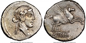 Q. Titius (ca. 90 BC). AR denarius (18mm, 7h). NGC Choice XF, brushed. Rome. Head of Liber right, wearing ivy wreath, linear border / Q•TITI, Pegasus ...