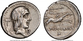 L. Calpurnius Piso Frugi (90 BC). AR denarius (19mm, 3h). NGC XF. Rome. Laureate head of Apollo right; bipennis behind; N below chin / L•PISO•FRVGI, H...