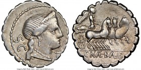 C. Naevius Balbus (79 BC). AR serratus denarius (19mm, 5h). NGC Choice VF. Rome. Head of Venus right, wearing stephane, necklace and earring; S•C behi...