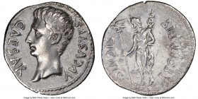 Augustus (27 BC-AD 14). AR denarius (20mm, 6h). NGC Choice VF, edge cut. Spain, Colonia Patricia, 19 BC. CAESAR-AVGVSTVS, bare head of Augustus left /...