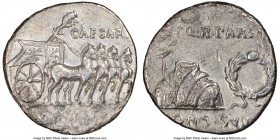 Augustus (27 BC-AD 14). AR denarius (18mm, 6h). NGC Choice VF, graffito, bankers mark. Spain, Colonia Patricia, 18 BC. S•P•Q•R•PARENT / CONS•SVO, toga...