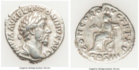 Marcus Aurelius (AD 161-180). AR denarius (17mm, 3.38 gm, 6h). About VF. Rome, AD 161. IMP M AVREL ANTONINVS AVG, bare head right / CONCORD AVG TR P X...