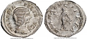 Julia Domna (AD 193-217). AR denarius (21mm, 1h). NGC AU. Rome, AD 211-217. IVLIA PIA-FELIX AVG, draped bust of Julia Domna right, seen from front, we...