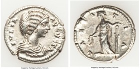 Julia Domna (AD 193-217). AR denarius (20mm, 3.45 gm, 11h). AU. Laodicea ad Mare, AD 198-202. IVLIA-AVGVSTA, draped bust right / LAETITIA, Laetitia st...