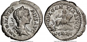 Caracalla (AD 198-217). AR denarius (20mm, 12h). NGC XF. Rome, AD 201-206. ANTONINVS-PIVS AVG, laureate, draped, youthful bust of Caracalla right, see...