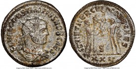 Constantius I (AD 305-306). BI antoninianus (23mm,4.83gm 6h). NGC MS 5/5 - 4/5, Silvering. Antioch, AD 293. FL VAL CONSTANTIVS NOB CAES, radiate, drap...