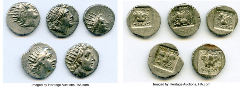 ANCIENT LOTS. Greek. Carian Islands. Rhodes. Ca. 88-84 BC. Lot of five (5) AR dr...