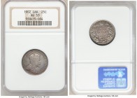 Edward VII 25 Cents 1902 AU53 NGC, London mint, KM11. Blue and gray toning, fine scratch on head behind ear noted for accuracy. 

HID09801242017

...