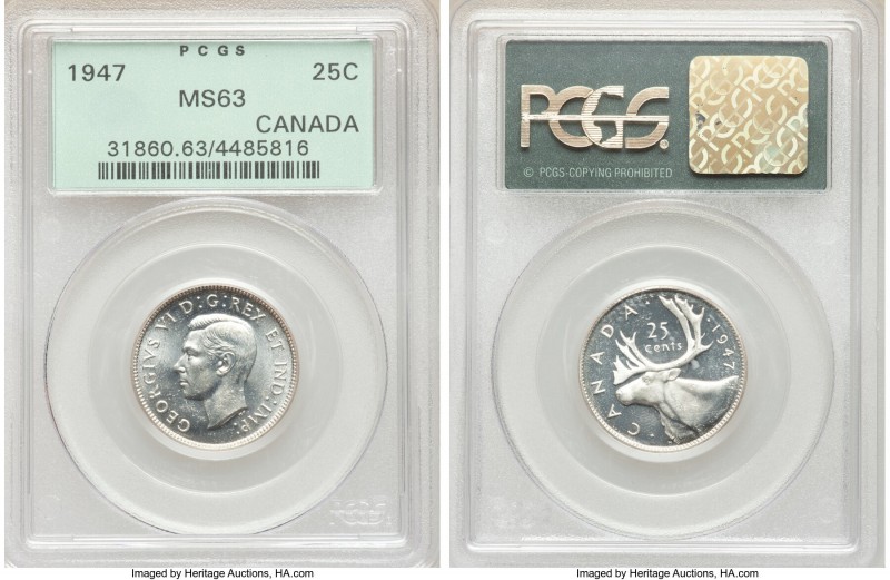 George VI 25 Cents 1947 MS63 PCGS, Royal Canadian mint, KM35. Semi-Prooflike and...