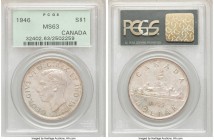 George VI Dollar 1946 MS63 PCGS, Royal Canadian mint, KM37. Semi-Prooflike and draped in lilac-gray and gold toning. 

HID09801242017

© 2020 Heri...