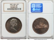 Elizabeth II Prooflike "Large Beads - Blunt 5" Dollar 1965 PL67 NGC, Royal Canadian mint, KM64.1. Type 3 (not V-4) with Large beads, blunt 5 variety. ...