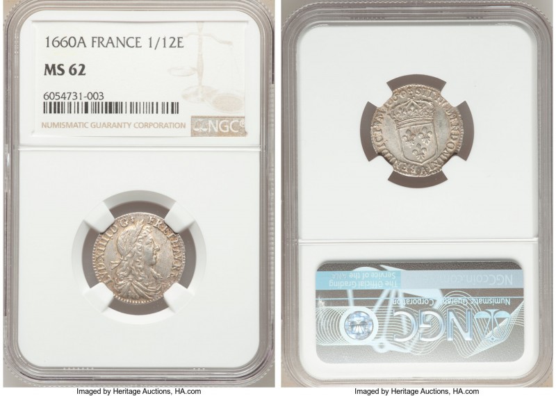 Louis XIV 1/12 Ecu 1660-A MS62 NGC, Paris mint, KM199.1, Jones-2915. Detailed co...