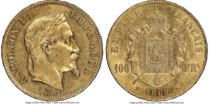Napoleon III gold 100 Francs 1869-BB MS60 NGC, Strasbourg mint, KM802.2, Fr-551,...