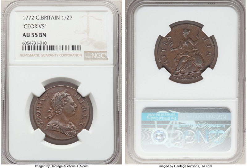 George III 1/2 Penny 1772 AU55 Brown NGC, KM601, S-3774, Jones-2493. Includes de...