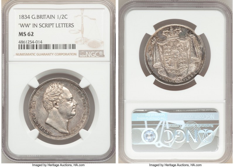 William IV 1/2 Crown 1834 MS62 NGC, KM714.2, S-3834. W.W. in script.

HID09801...