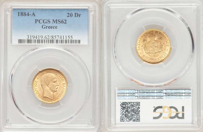 George I gold 20 Drachmai 1884-A MS62 PCGS, Paris mint, KM56. One year type. AGW...