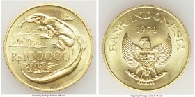 Republic gold "Komodo Dragon" 100000 Rupiah 1974 UNC, Royal mint, KM41, Fr-6. Mintage: 5,333. 33.9mm. 33.51gm. AGW 0.9675 oz.

HID09801242017

© 2...