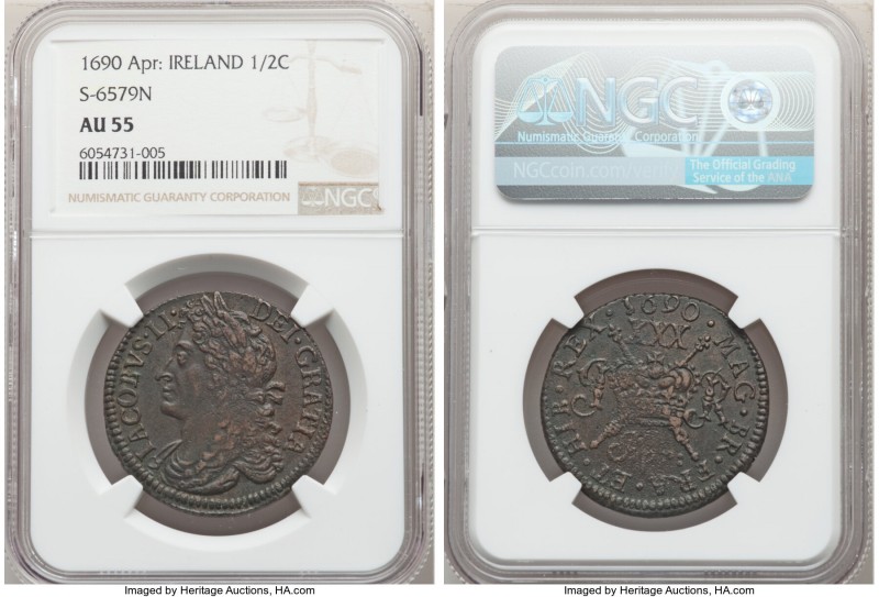 James II Gunmoney 1/2 Crown 1690 AU55 NGC, KM95, S-6579, Jones-1003. With detail...