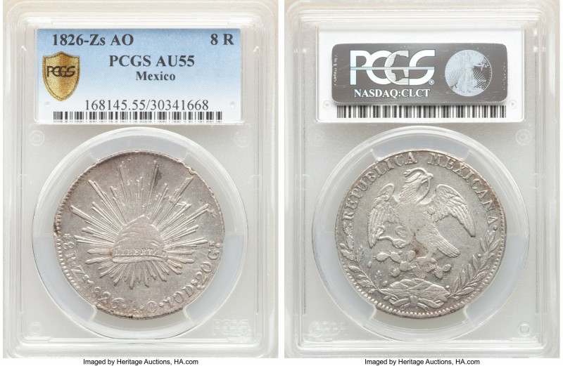 Republic 8 Reales 1826 Zs-AO AU55 PCGS, Zacatecas mint, KM377.13, DP-Zs04. Very ...