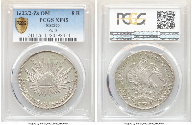 Republic 8 Reales 1833/2 Zs-OM XF45 PCGS, Zacatecas mint, KM377.13, DP-Zs13 (Ver...