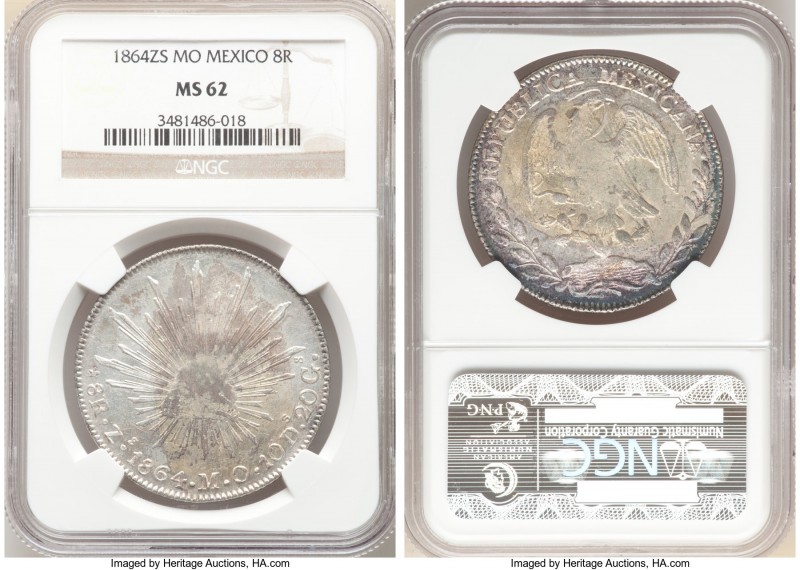 Republic 8 Reales 1864 Zs-MO MS62 NGC, Zacatecas mint, KM377.13, DP-Zs49. A lust...