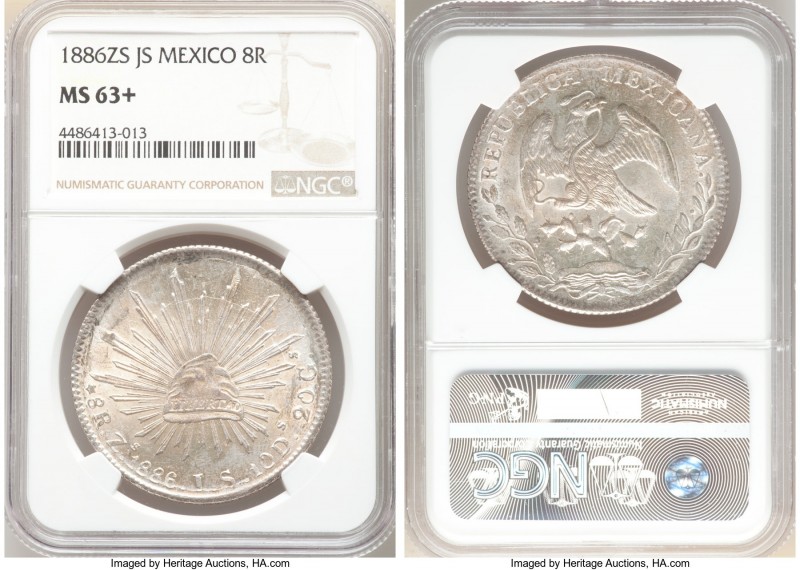 Republic 8 Reales 1886 Zs-JS MS63+ NGC, Zacatecas mint, KM377.13, DP-Zs71. Boldl...