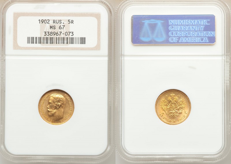 Nicholas II gold 5 Roubles 1902-AP MS67 NGC, St. Petersburg mint, KM-Y62. AGW 0....