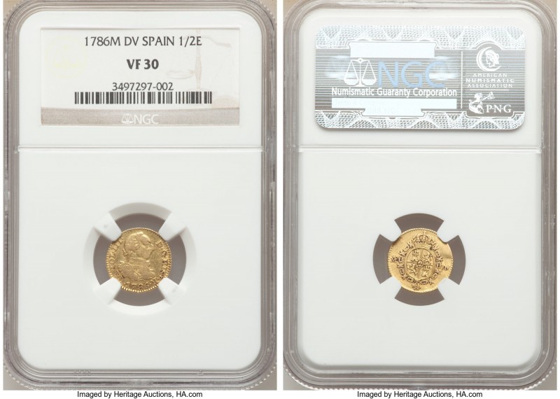 Charles III gold 1/2 Escudo 1786 M-DV VF30 NGC, Madrid mint, KM425.1. 

HID098...