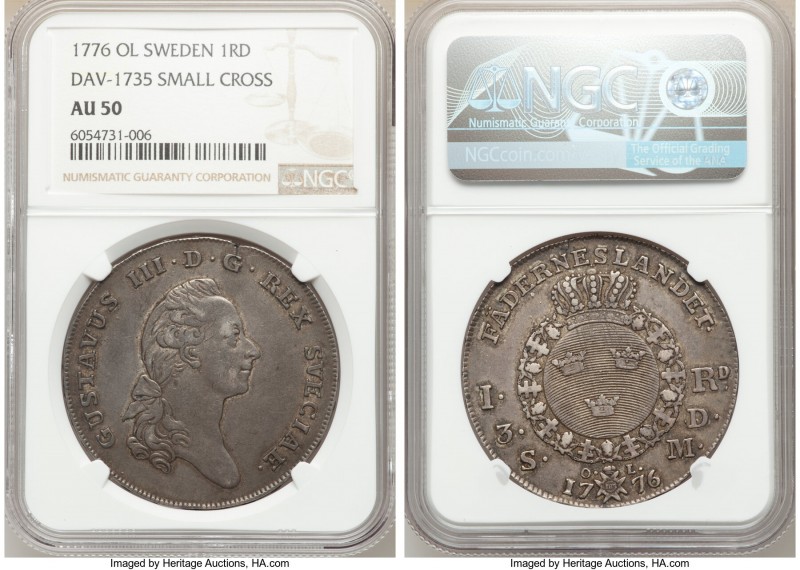 Gustaf III Riksdaler 1776-OL AU50 NGC, KM514, Dav-1735, Jones-2204. Small cross ...