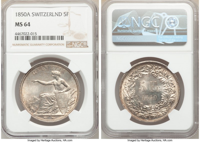 Confederation 5 Francs 1850-A MS64 NGC, Paris mint, KM11, Dav-376. 

HID098012...