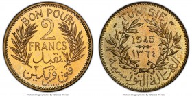 French Protectorate. Muhammad al-Amin Bey aluminum-bronze Piefort Specimen Essai 2 Francs 1945-(a) SP64 PCGS, Paris mint, KM-PE4, Lec-296. 

HID0980...