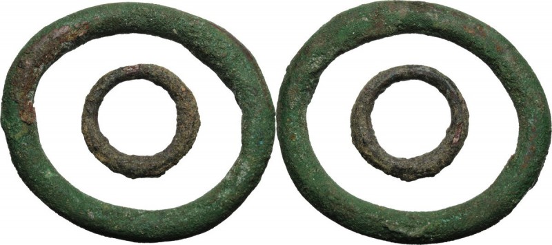 Celtic World. Lot of two (2) AE Ring money, 2nd-1st century BC. AE. 66 and 29 mm...